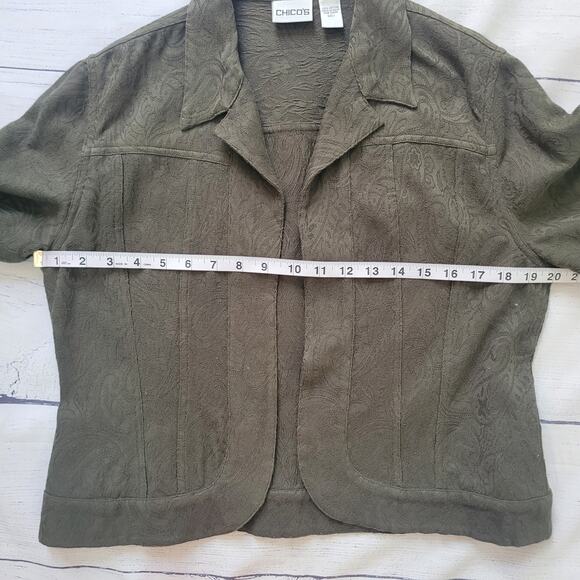 Chico's Size 1 US M Scroll Embossed Pattern Open Front Blazer Jacket Olive Green - Picture 6 of 10